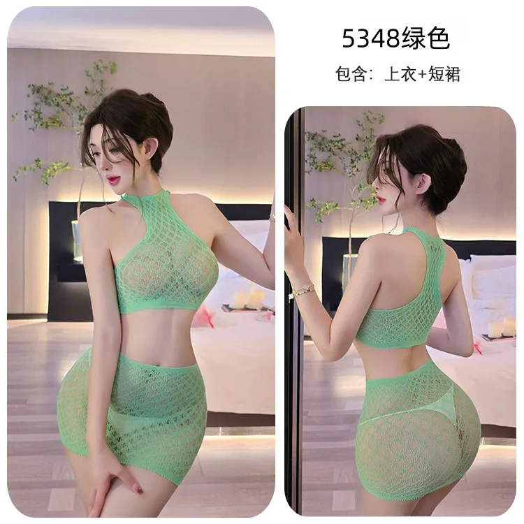 

Long Night Sexy Lingerie Temptation Hollow Bikini Two-Piece Set Fishnet Women's Beach Bodycon Skirt 5348