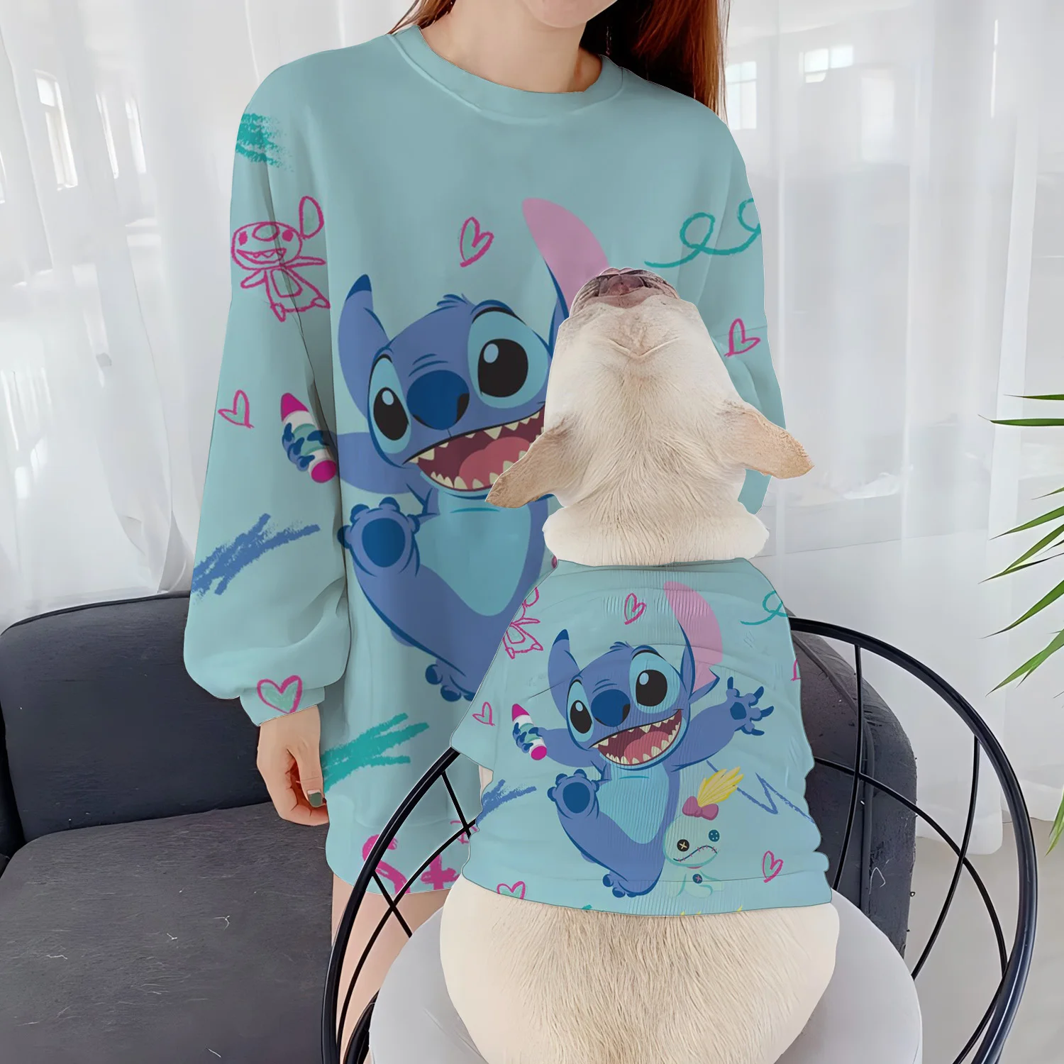 Parent-Child Clothes Casual Sweatshirts Round Neck Stitch Women's Clothing Pet Pullover Disney Long Sleeve Autumn Winter Puppy