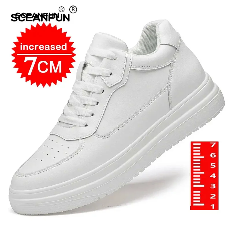 Genuine leather men\'s 7cm height increasing sneakers fashion casual shoes mens outdoor running sneakers size 36-44 designer