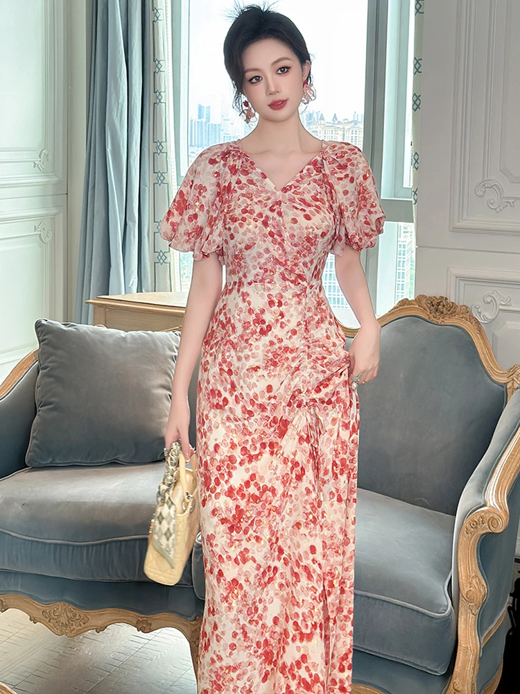 Summer Elegant Satin Floral Print A-Line Dress Women Clothes Casual Vintage Puff Sleeve Drawstring Slim Maxi Long Robe Vestidos