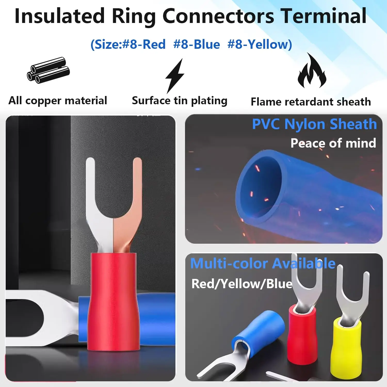 80 قطعة من موصلات الأسلاك ذات الشوكة المعزولة - # 8 برغي M4 حجم مسمار كابل كهربائي من النوع U طقم طرفي تجعيد سريع الربط #3
