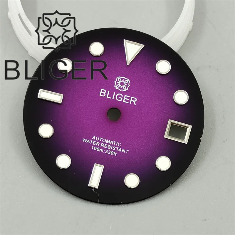 BLIGER 29mm Watch Dial Gradient Black Gold Black Purple Dial With Silver Time Mark Green Luminous Fit For NH35 Movement Watches