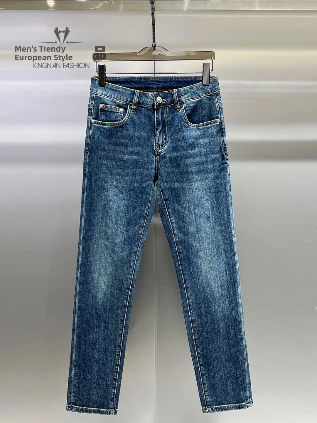 

Washed Slim Fit Men's Jeans Pure Color Simple Daily Small Foot Pants Casual Style Spring New Arrival Chinese Production