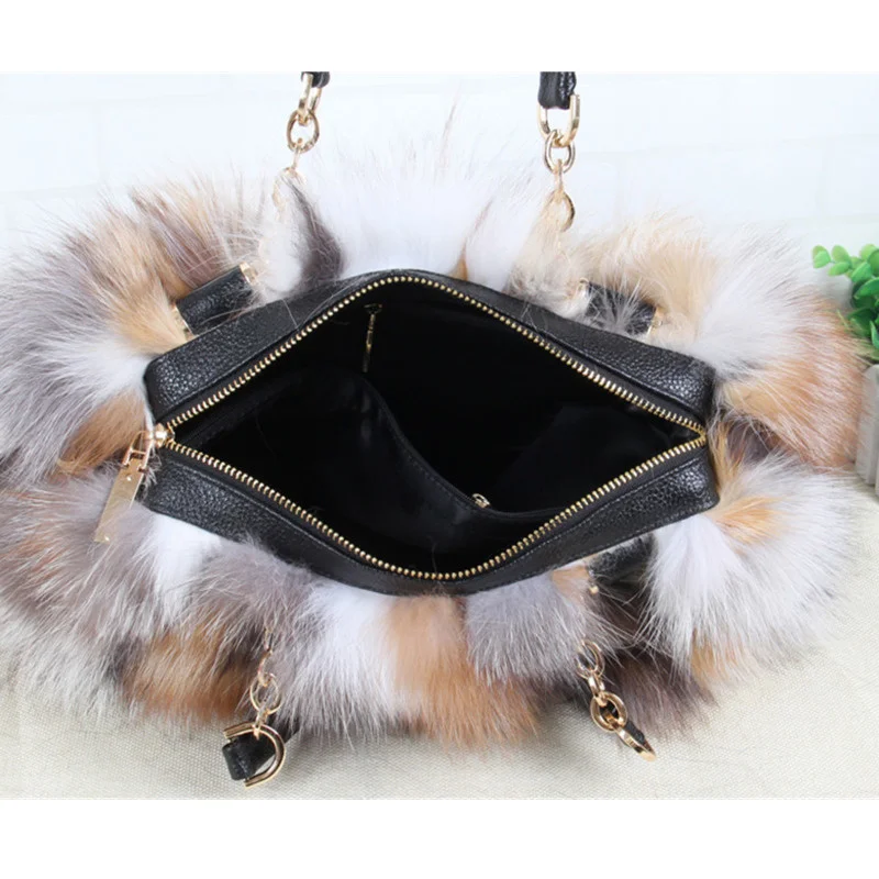 Real Fox Fur Bag Winter Women Handbag Designer Luxury Bag Evening Party Bags Leather High Quality Shoulder Bag Natural Fur Bag