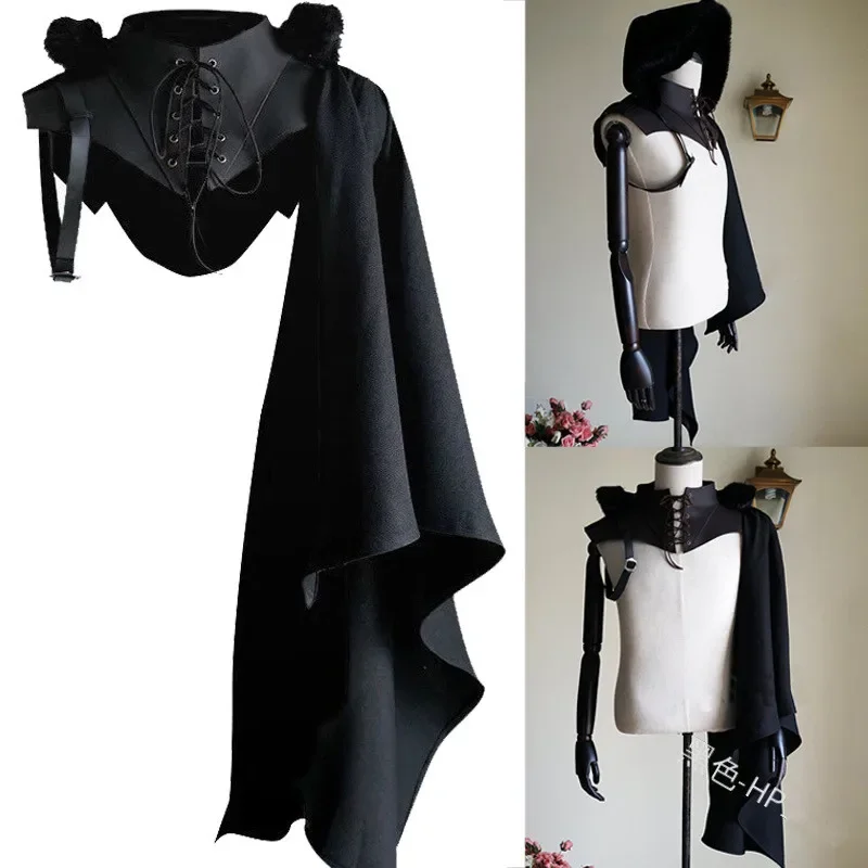 Unisex Medieval Cosplay Accessories Knight Gothic Cape Shawl Hooded Black Vampire Devil Crusader Punk Men Women Cloak Wizard