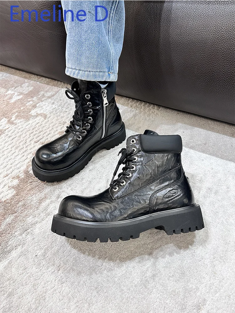 

Wrinkled Leather Motorcycle Boots Simple Thick Sole Increased Height Side Zipper Straps Plush Big Toe Versatile Short Boots