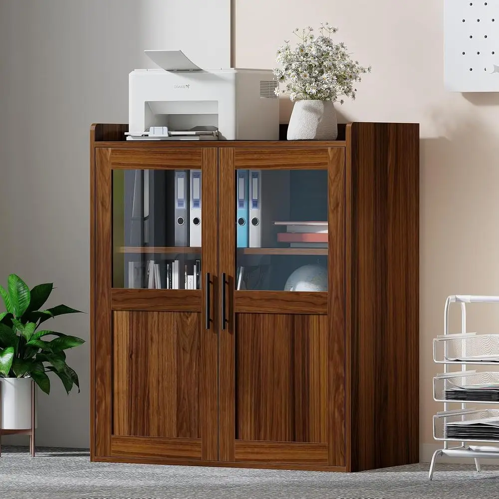 

Multipurpose Walnut Storage Cabinet with Doors and Shelves for Home Office and Living Room