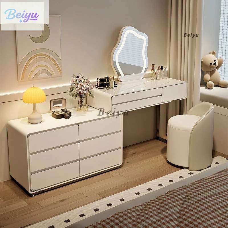 

2025 новый кремовый комод из цельного дерева, комод, встроенное минималистское маленькое зеркало для макияжа, настольный столик для макияжа из каменной плиты