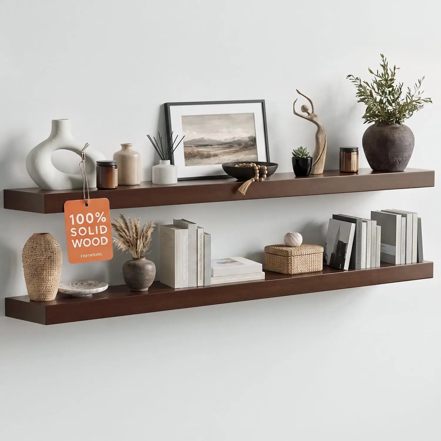 Floating Wall Shelves, Heavy Duty Solid Wood Hanging Display Organizer, Wall Mounted Storage Rack For Living Room Bathroom Bedroom, Farmhouse Rustic Decor Style, American Walnut, Set Of 2