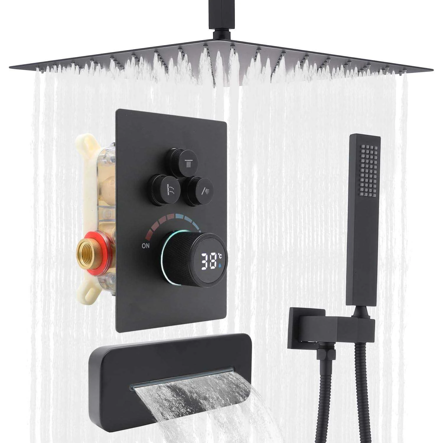 Thermostatic Brass Shower Faucet System LED Temperature Screen 3 Handles Rainfall Soft Spray Handheld Shower Complete Kit