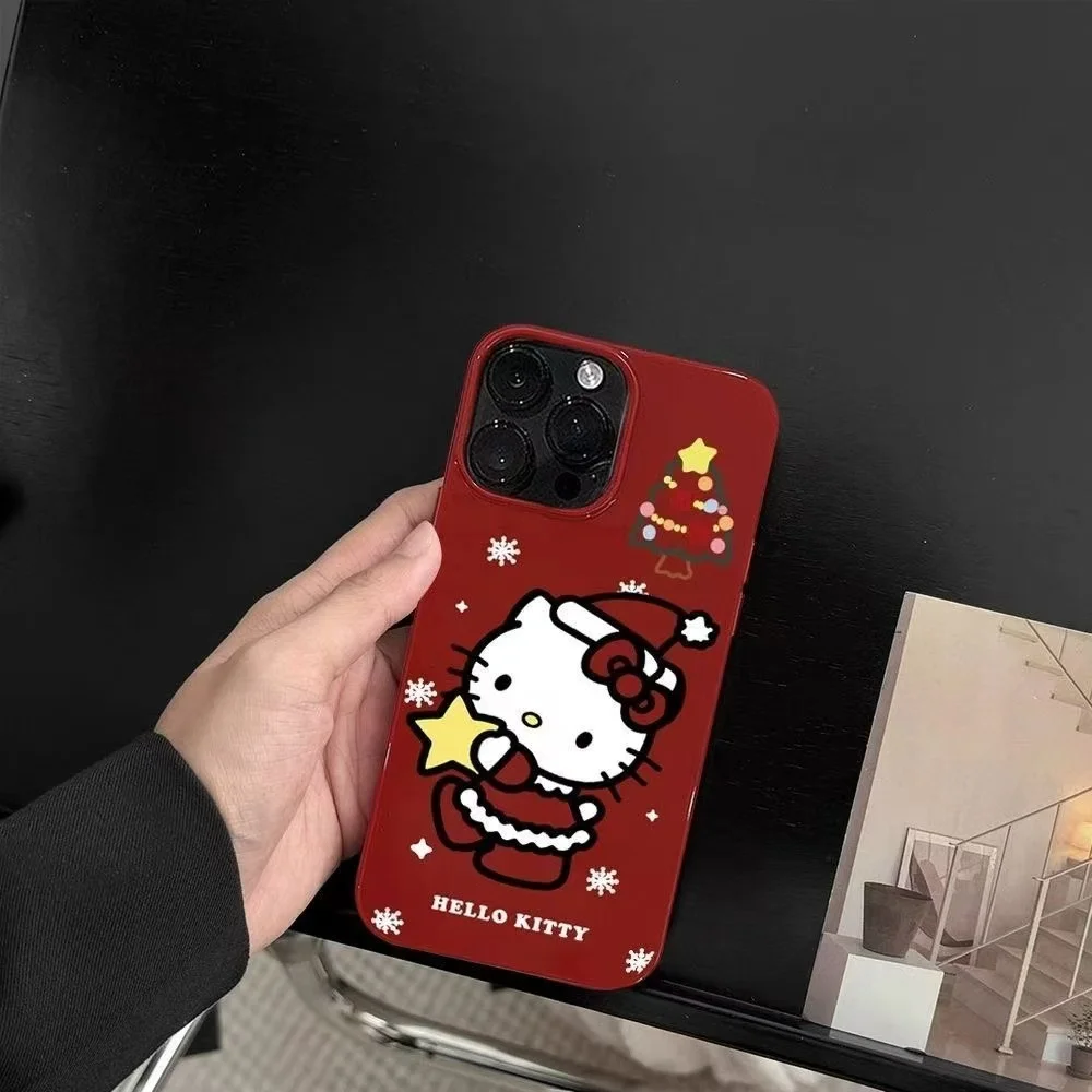 Funda de teléfono roja con estrella de Hello Kitty de Navidad para IPhone 16 15 14 12 13 11 Pro Max XR XS MAX 7 8 PLUS Y2K, funda Kawaii rosa para chica