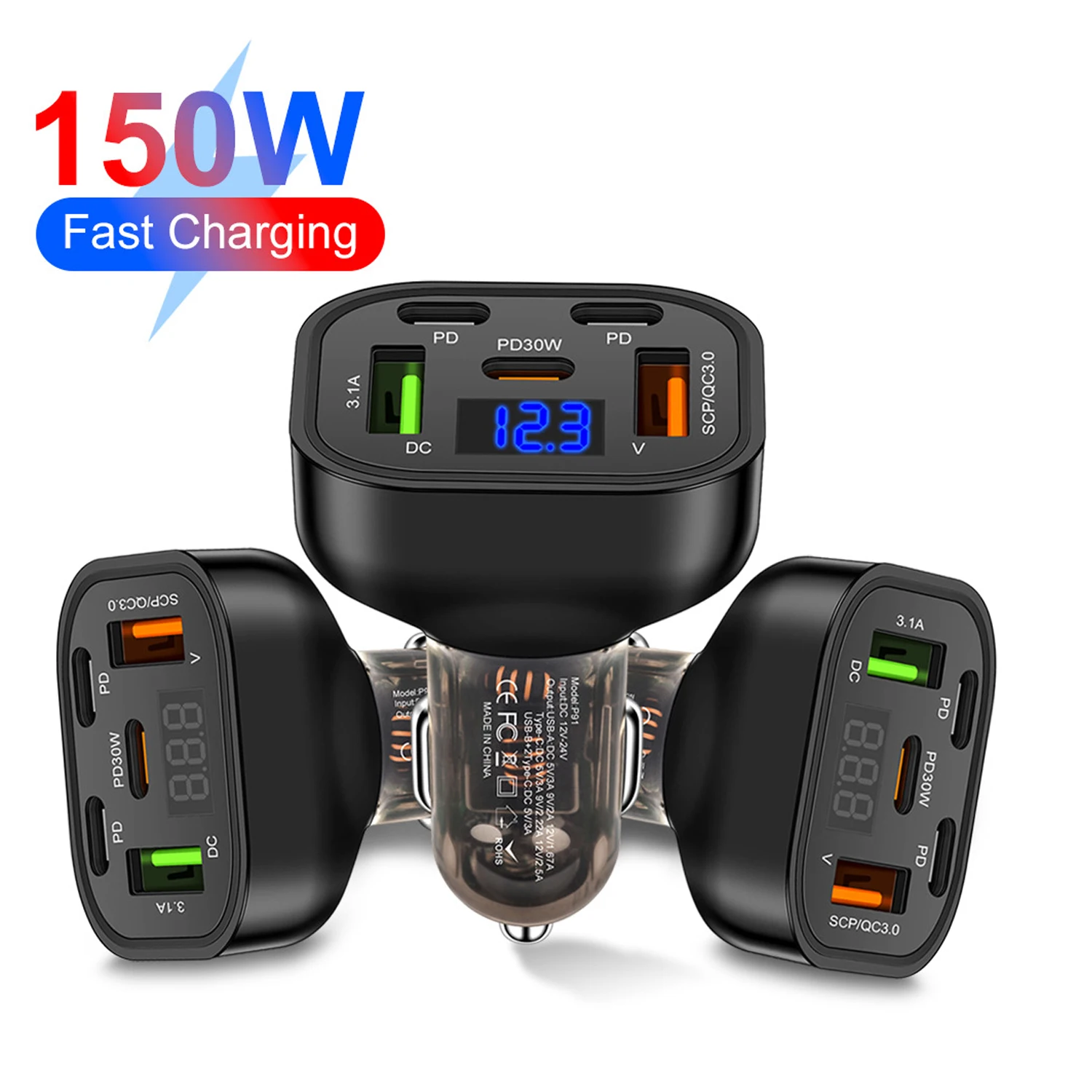 

150W Car Charger Fast Charging 5 Ports Adapter for IPhone Samsung Xiaomi Quick Charging Chargers with Digital Display