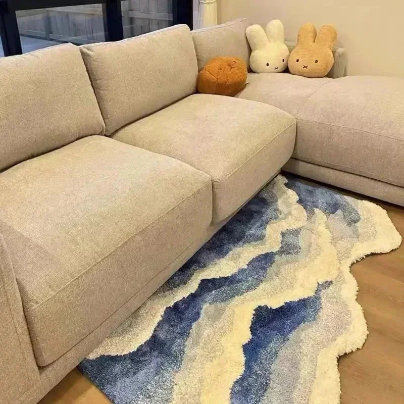 พรมกระจุกลายทะเลสีฟ้าพรมข้างเตียงลายคลื่นทะเลเสื่อเท้าหนาดูดซับไม่เสื่อกันลื่นพรมปูพื้นห้องนั่งเล่น