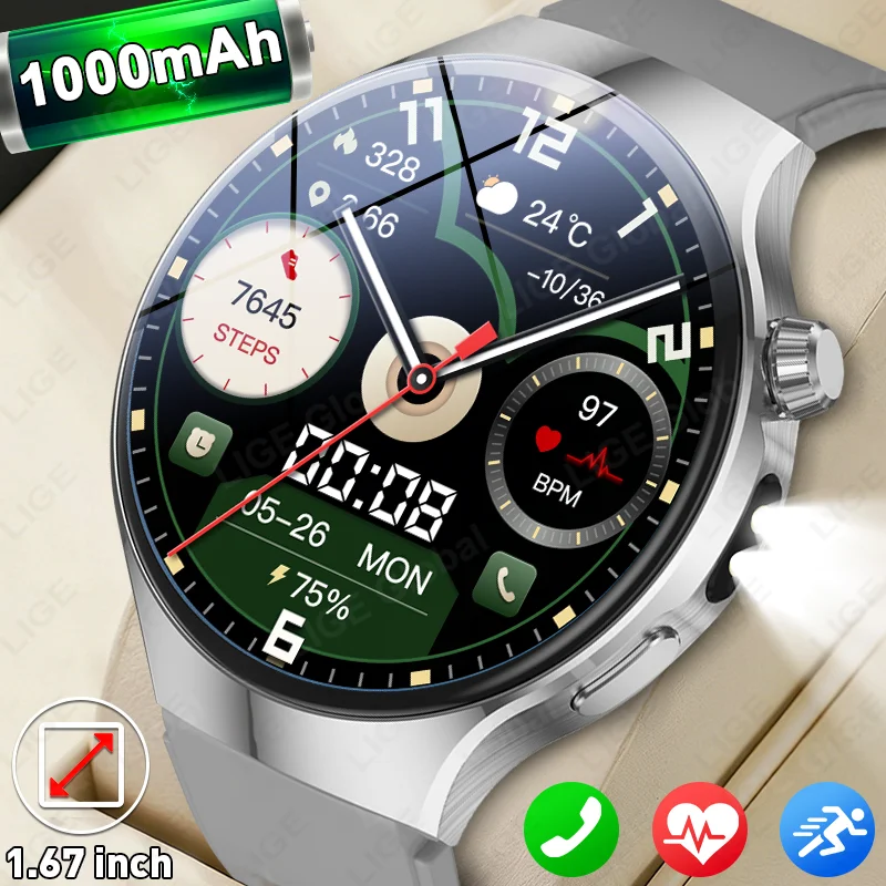 

LIGE Military Outdoor 1000mah Smart Watch Flashlight Large Battery IP68 Waterproof 1.67" Voice Call Sports Men Fitness Bracelet