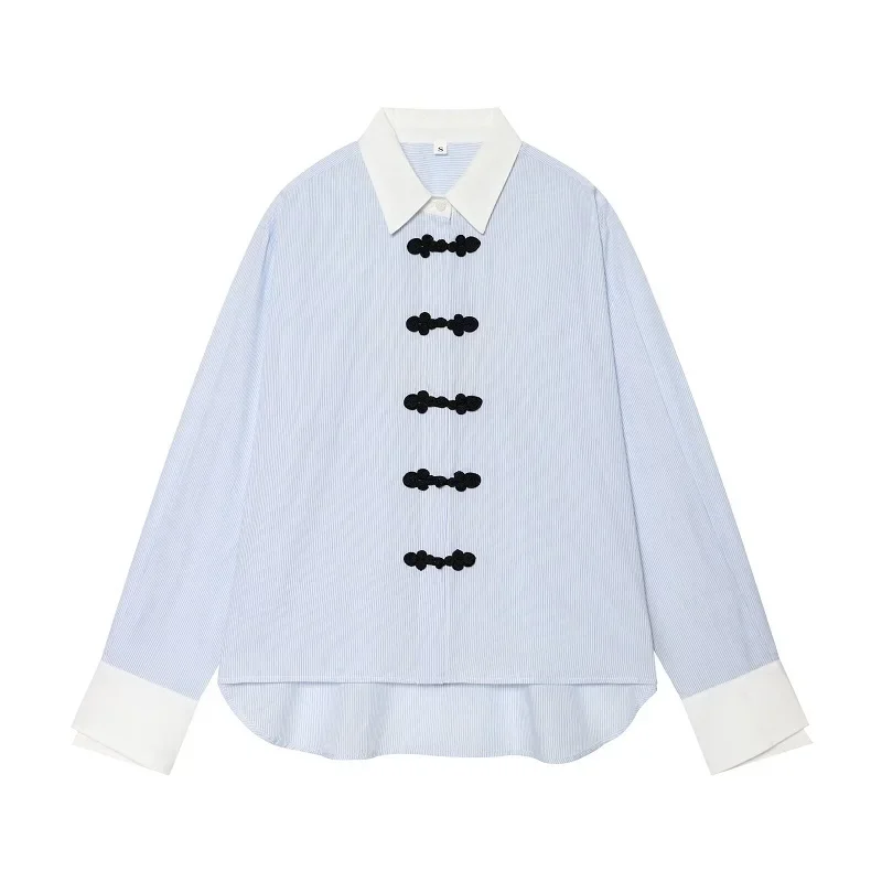 HXAO Blaues Damen-Streifenhemd Langarm Sommer Damenhemd Chinesische Froschknopf-Bluse Locker Sitzende Büro-Freizeitbluse – Detail 3