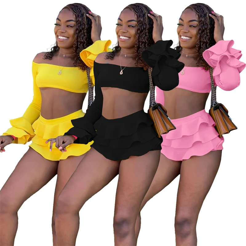 

Solid Sexy Ruffles Two Piece Set Women Slash Neck Off Shoulder Long Flare Sleeve Crop Top Mini Shorts Skirts Fashoin Casual Suit