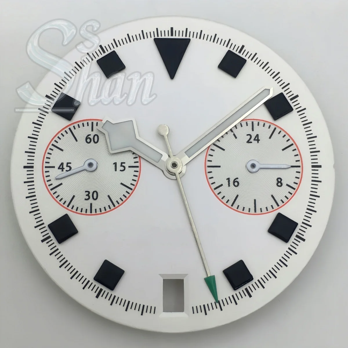 Циферблат часов VH64 диаметром 30 мм с зелеными люминесцентными стрелками C3 подходит для кварцевого механизма VK64 с датой на 6 часов.