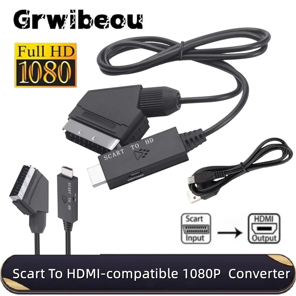 1080P SCART to HDMI-Compatible Converter Cable Male to Male SCART Input to HDMI-Compatible Output for HDTV Sky Box Plug Play