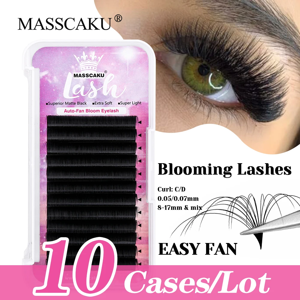 

MASSCAKU 10cases/lot Rapid Grafting One Second Blooming Lashes 8-17mm and Mix Size Automatic Flowering Eyelashes for Makeup Use