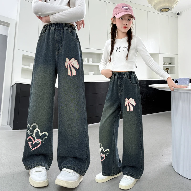 

Kids New Designer Street Heart Print Straight Leg Jeans Tween Girl Fashion Loose Casual Harajuku High Waist Denim Pants with Bow
