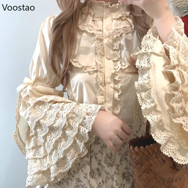 Victorian Elegant Lolita Shirts Women Harajuku Gothic Y2k Lace Ruffle Flare Sleeve Cotton Blouse Female Vintage Blusas Mujer Top