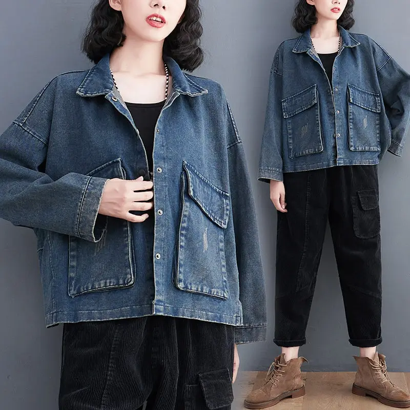 

Large Size Women's Clothing 2023 Spring Jacket Korean Version Loose Lapel Pocket Denim Coat Casual Single Breasted Chaqueta z174