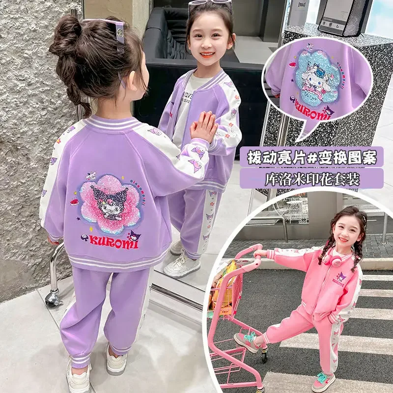 

Sweet Kawaii Sanrio Anime Kuromi Changing Face Long Sleeve Coat Pants Set Cute Cinnamoroll Children Sports Jacket Clothing Toy