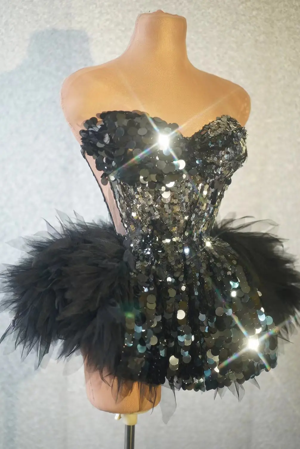 Nightclub Party Sexy Dancer Black Dress Bar Dj Mini Dresses Birthday Stage Show Strapless 2Piece Set Sequin Gauze Dress Yekong