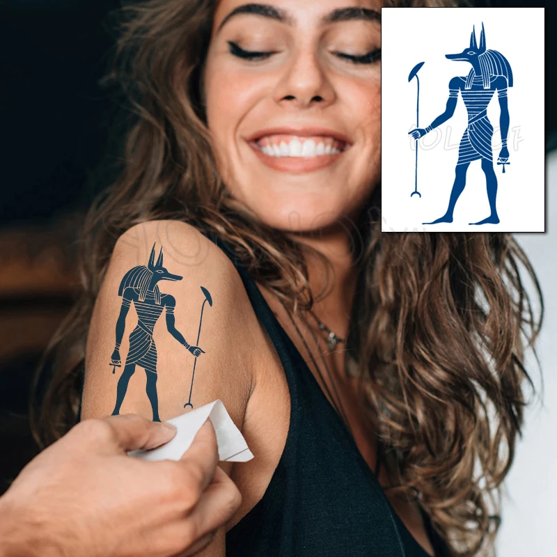 

Juice Tattoo Sticker Egypt Anubis Wolf Man Greek Mythology Makeup Water Transfer Fake Tatoo for Women Men Kids 5 -15 Days