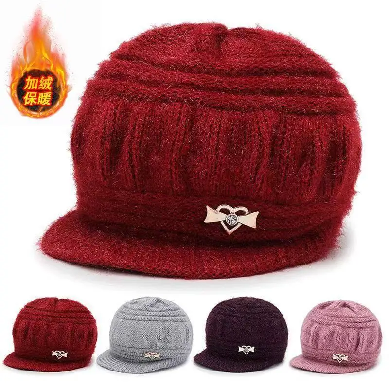 Autumn Winter Knitted Grandma Hat, Middle Aged Elderly Fleece Lined Warm Beanie