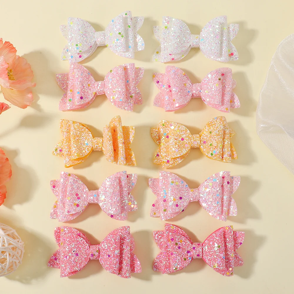 10 Stück zufällige Farbe Glitzer Haarschleifen Clips Strass Punkt Pailletten Schleife für Baby Mädchen Haarschmuck Kopfbedeckung Haarnadel