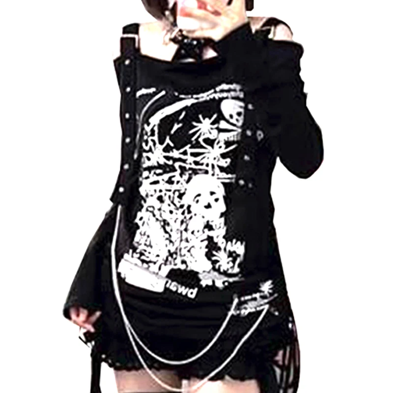 

2023 Summer Y2k Punk subculture Off shoulder Top Shibuya Spicy Girl Dark Gothic Print Long Sleeve Drawstring Loose T-shirt Women