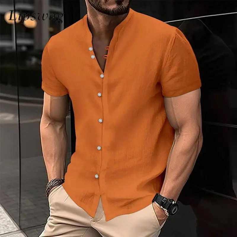 

2024 Summer Daily Casual Linen Shirts Mens Solid Color Short Sleeve Buttoned Stand Collar Shirt For Men Vintage Loose Cardigans