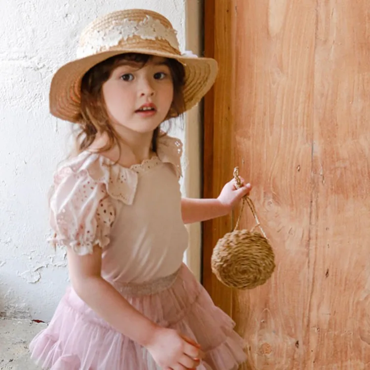 

Hollow Out T-shirt Cute Fashionable Sweet Solid Color Korean 2025 Summer New Embroidered Lace Lapel Bubble Short Sleeved T-shirt