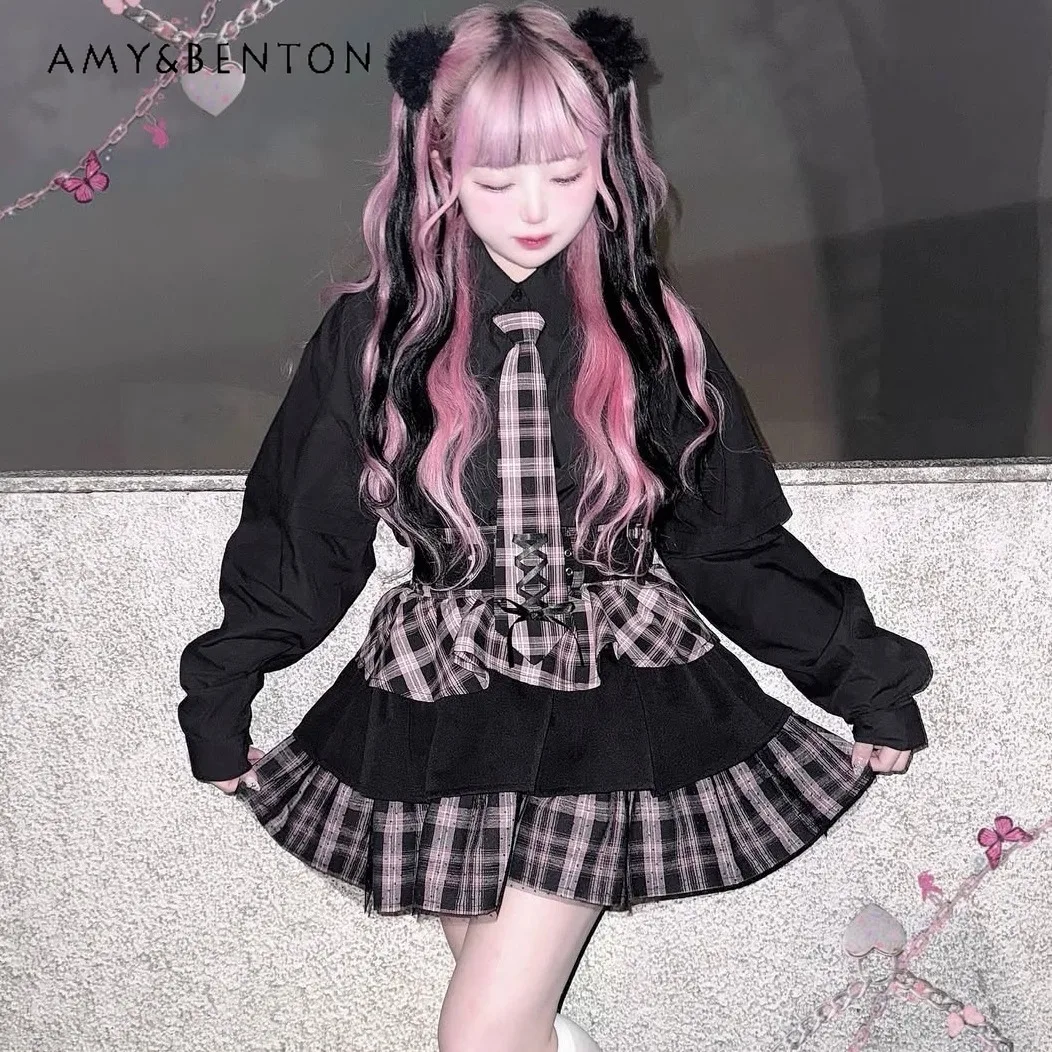 Japanese Mine Series Subculture Plaid Splicing Mesh Cake Skirt Summer New Spice Girl Y2K Belt Slim High Waist Mini Skirt Women
