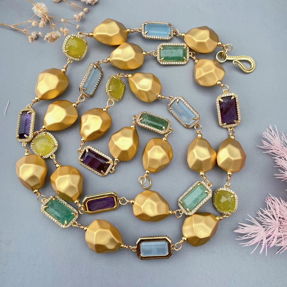 YYGEM Natural Amethyst Green Aventurine Blue Jade Yellow Jade Matte Finish Copper Nugget Bead Wrap Long Necklaces