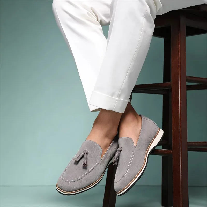

High Quality Cow Suede Leather Tassel Loafers Men's Handmade Breathable Luxury Business Casual Genuine Leather Dress Shoes