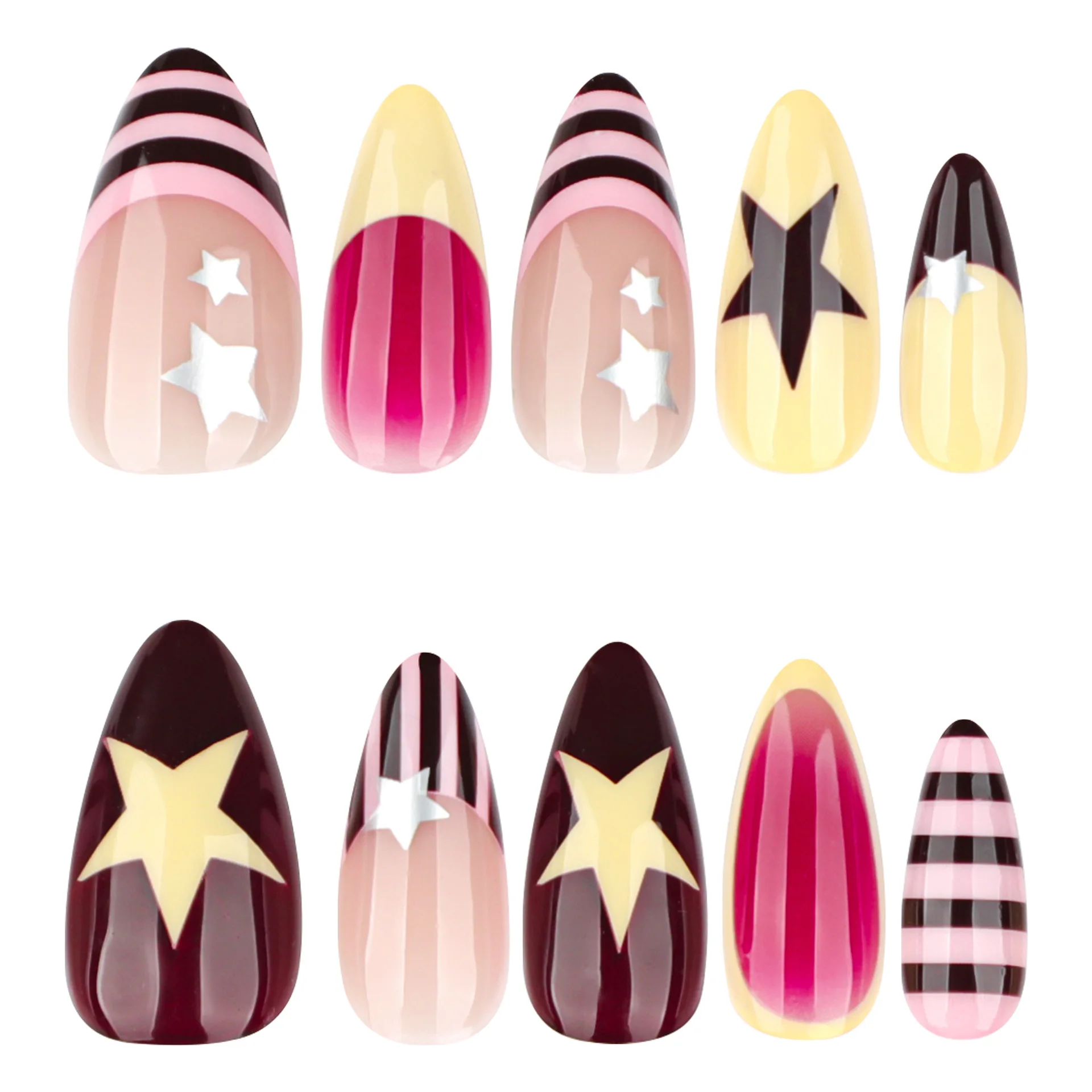 Almond Press on Nails Colorful Five-pointed Star Press On Nails Stripes French Press on Fake Nails  Star Print Fake Nails 24Pcs