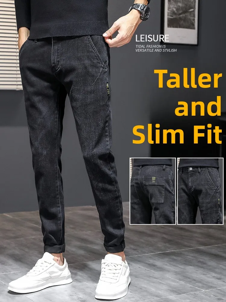 

Black Slim Fit Jeans Men's Trendy Korean Style Autumn Spring New Style Handsome Nine Points Long Pants Youth Casual Wear