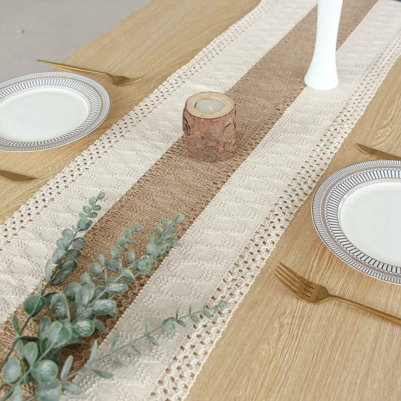 1 Pcs 71Inch Long  Table Runner Cream & Brown Farmhouse Table Runner With Tassels For Home Decor