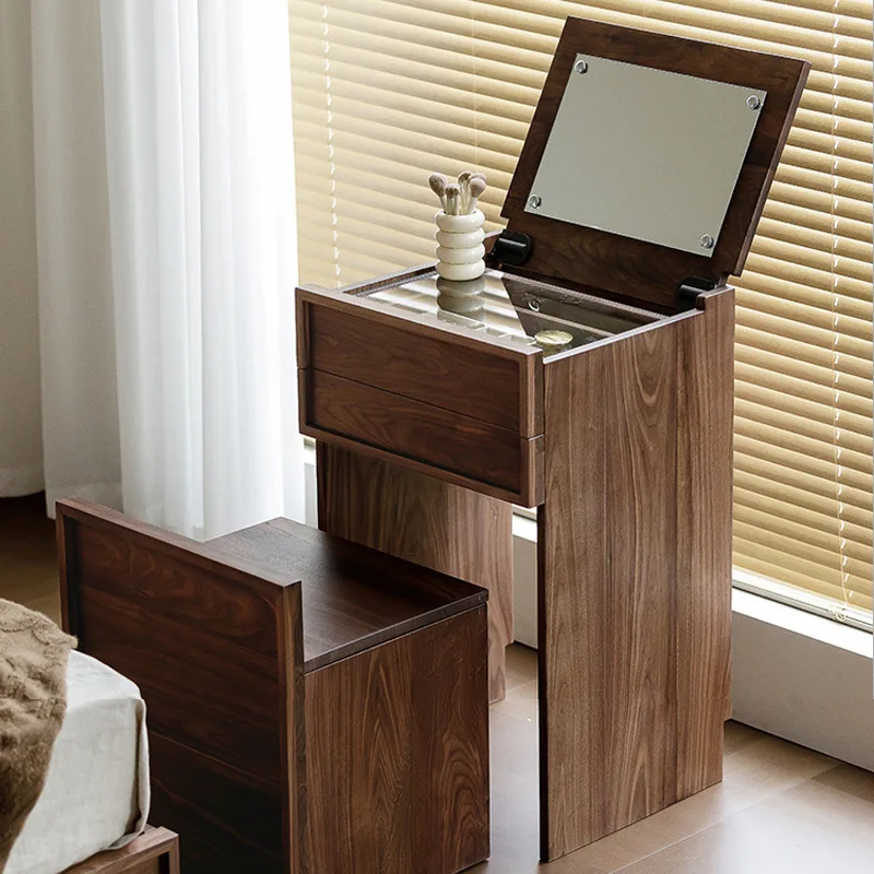 Black Walnut Dressing Table with Storage Bedside Makeup Table Mirror for Small Apartment Bedroom Unpacked