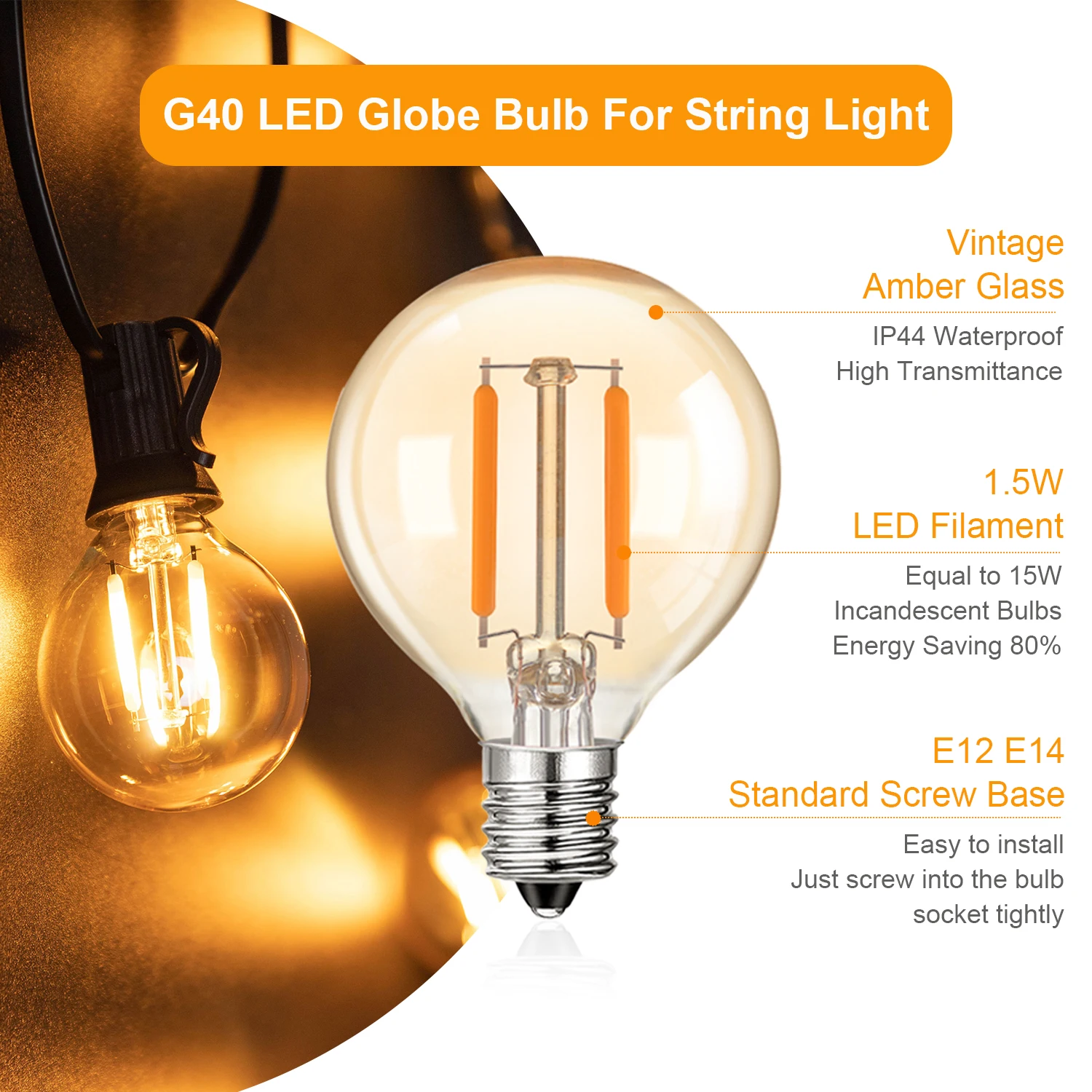 1.5W LED G40 Replace Light Bulbs for Indoor Outdoor String Lights E12 E14 Base 220V Vintage Globe Gold Tint Glass Dimmable Bulb