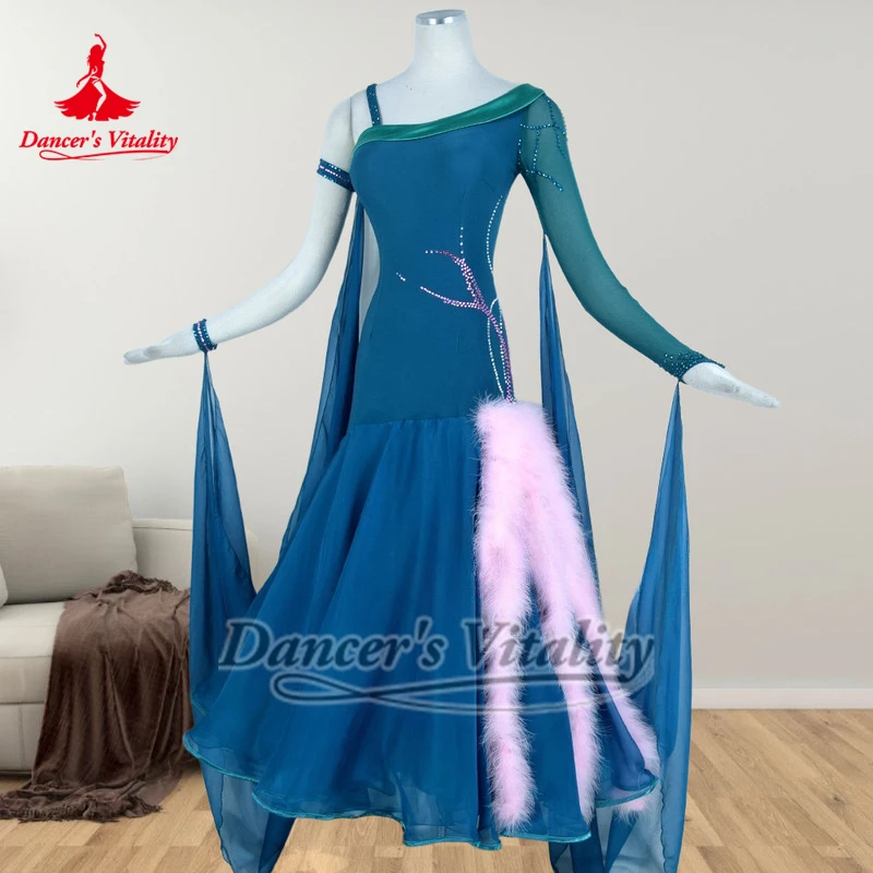 Adult Waltz Competition Clothes Women Social Dance Peacock Blue Unilateral Sleeves Wrapped Hips Dresses Custom Dancer's Vitality