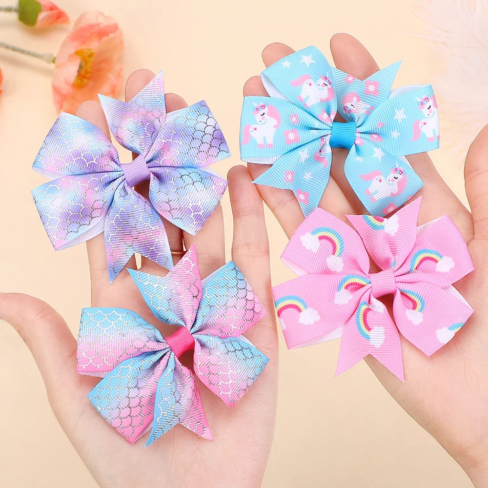 

2pcs/set Printed Flower Kids Bows Hair Clips for Baby Girls Handmade Ribbon Bowknot Hairpin Barrettes Headwear Hair Accessories