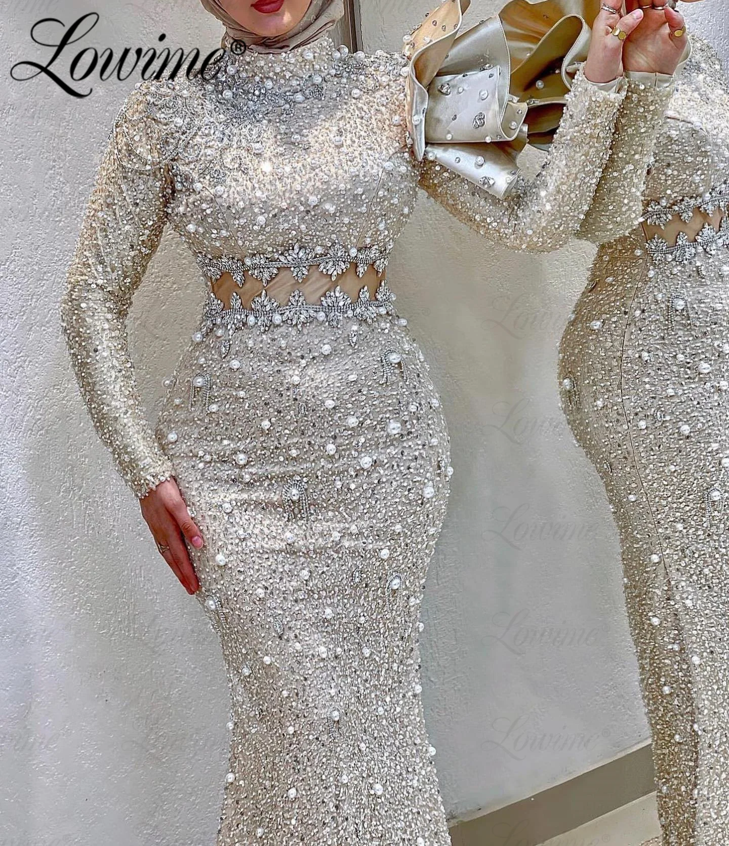 2023 Haute Couture Luxury Beads Stones Muslim Evening Dresses High Neck Pearls Crystal Formal Middle East Party Dress Weddings