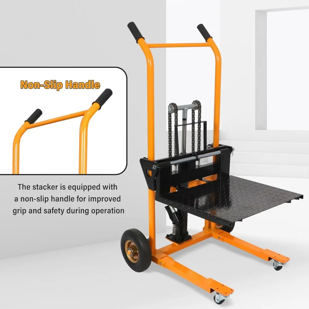 مكدس ونش من المواد الهيدروليكية، شاحنة مقبس البليت دوللي، سعة 440 رطلاً، ارتفاع الرفع 35.4 بوصة، طول الشوكة 18.1 بوصة