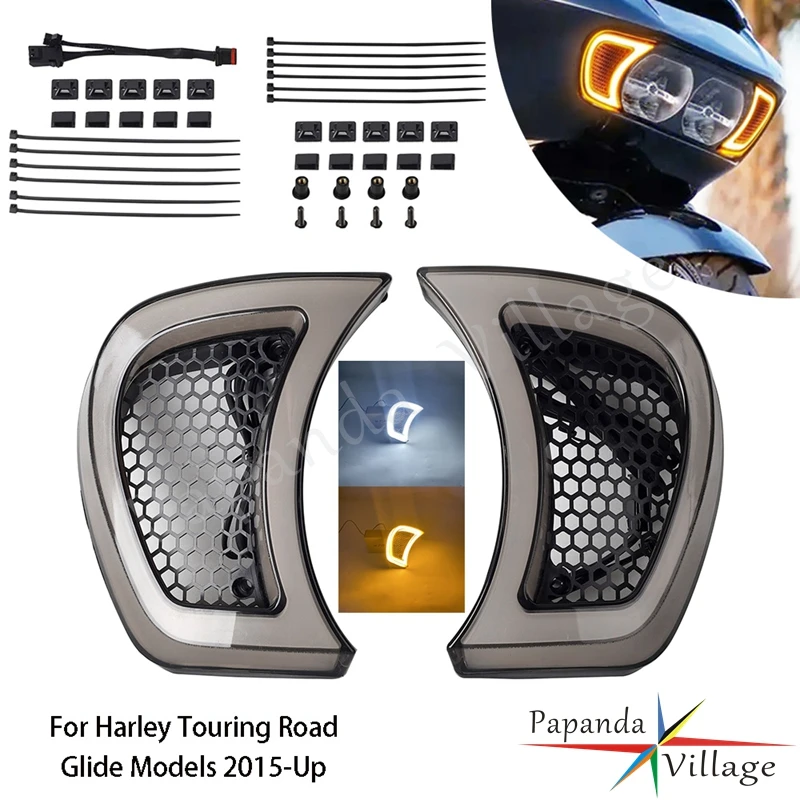 For Harley Touring CVO Road Glides Special Ultra 2015-UP Motorcycle LED White Amber Tracer Headlight Vent Accent Running Lamp