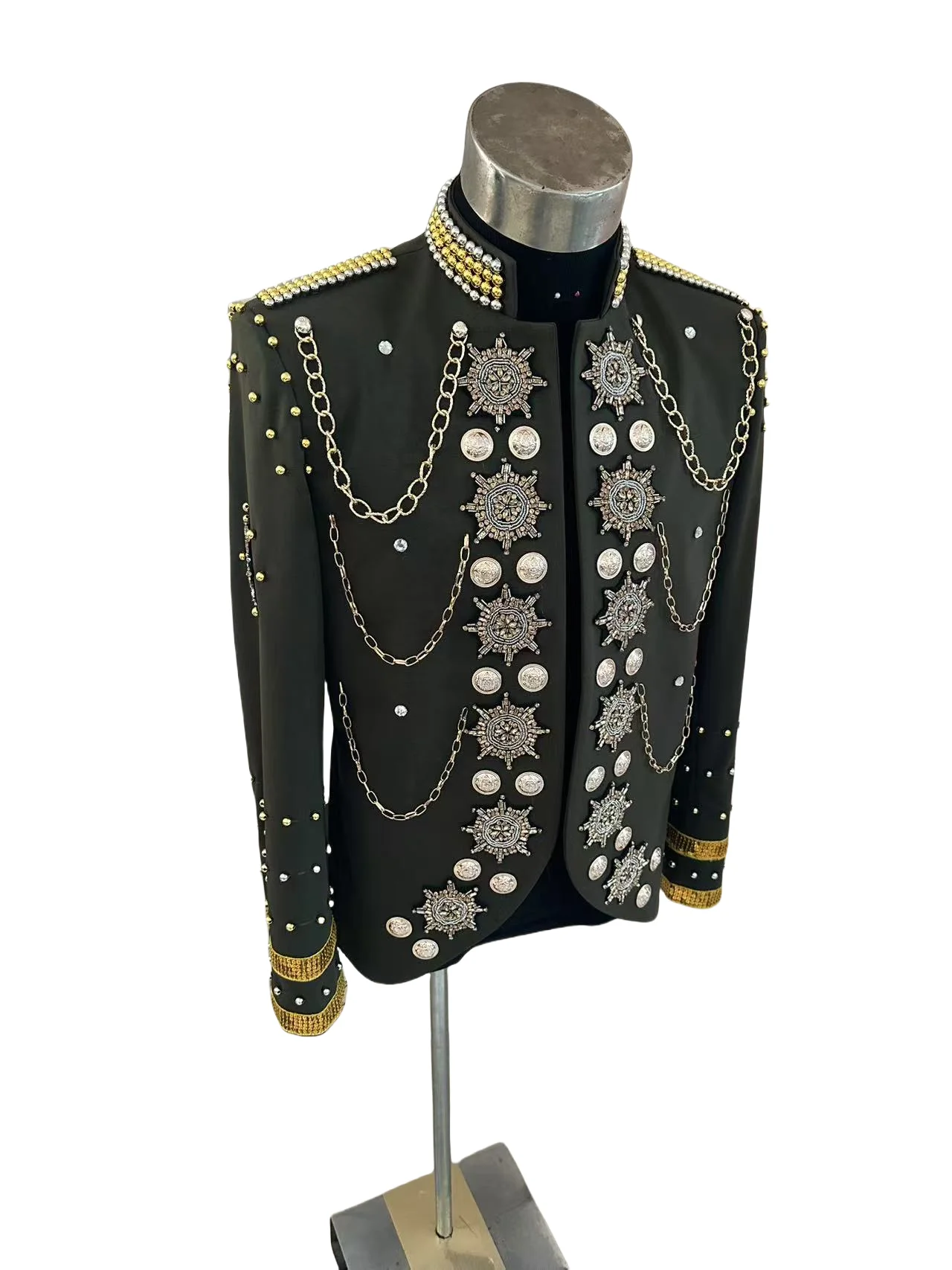 New Army Green Metal Chain Pearls Suit Jacket Customized Men's Royal Casual Dress Wear Male Singer Stage Show Performance Coat