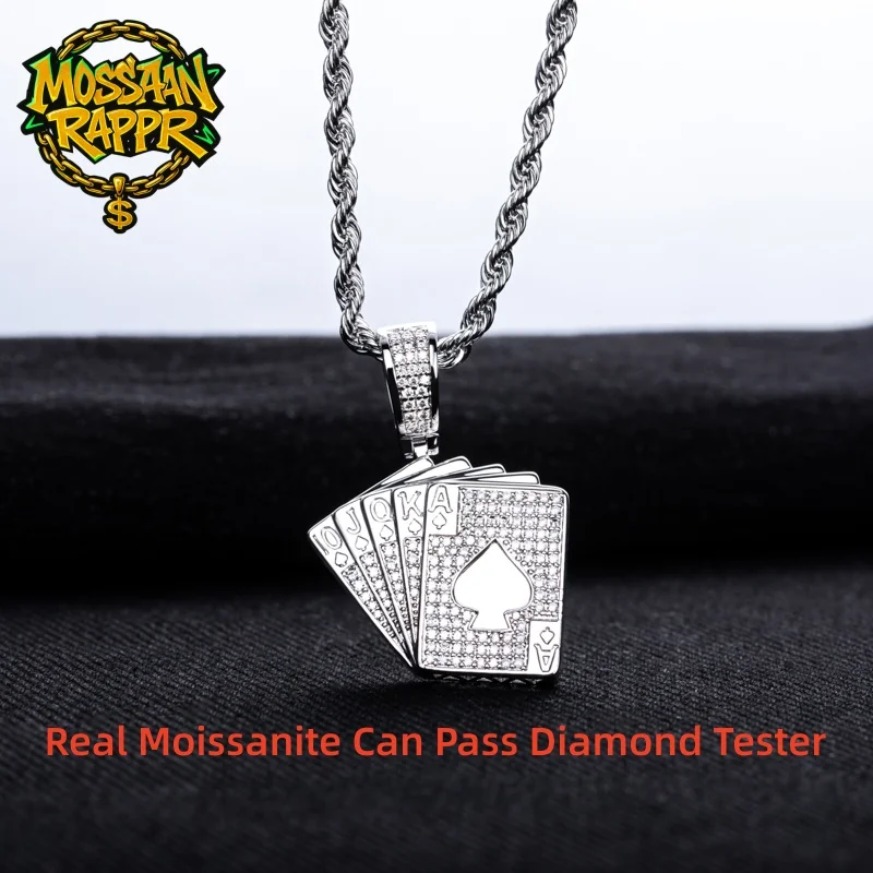 MossanRappr D Color Moissanite Iced Out Ace of Spades Colgante chapado en oro de 14 quilates Collar de tarjeta de póker de hip hop de moda para hombres y mujeres