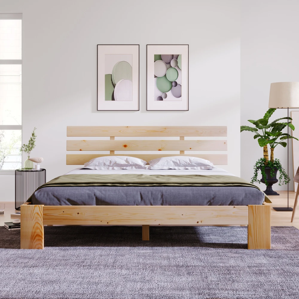 Holzbett, Doppelbett mit Kopfteil des Bettrahmens mit Schieferrost, 200 x 140 cm, Massivholz-Doppelbett, kann als Bett aus Kiefernholz verwendet werden – Detail 4